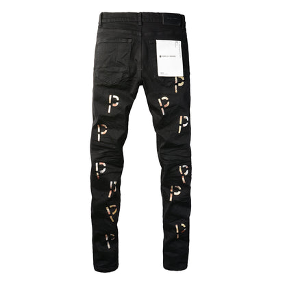 PURPLE Men Streetwear Skinny Jeans Black Wash with All-Over Metallic Gold "P" Print 9008