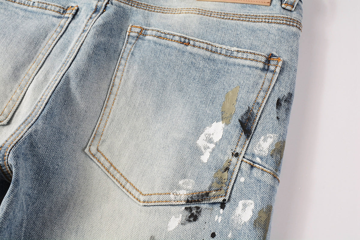 PURPLE Men Streetwear Jeans Light Blue Paint Splash Distressed Ripped skinny 9100