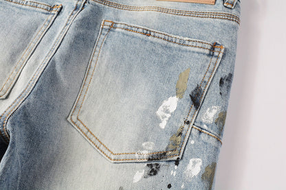 PURPLE Men Streetwear Jeans Light Blue Paint Splash Distressed Ripped skinny 9100