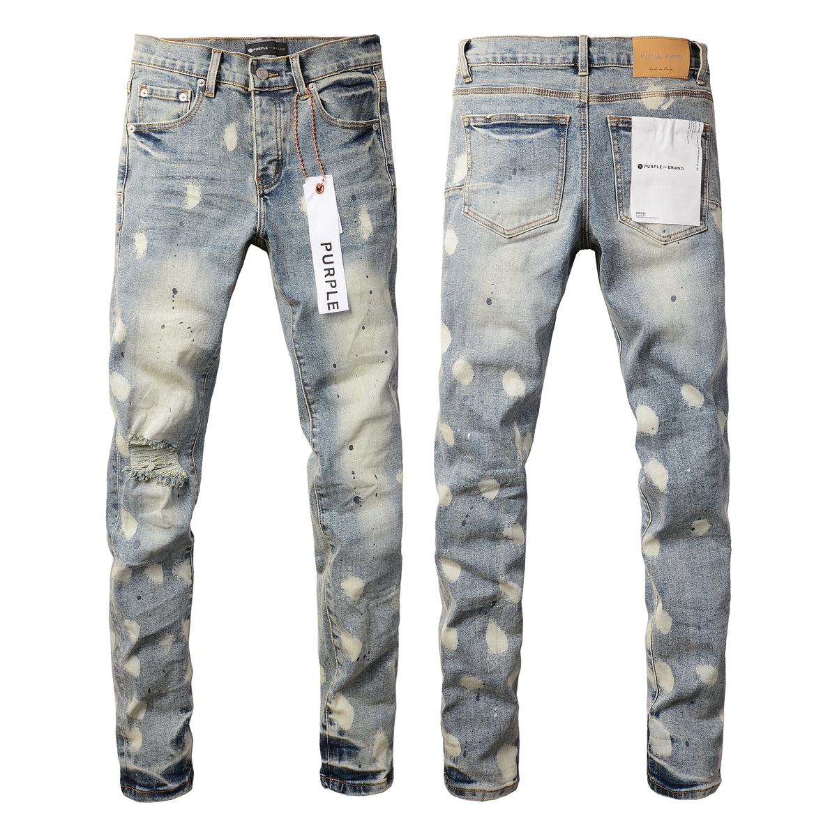 PURPLE Men Streetwear Jeans Distressed Light Blue Paint Dot Ripped skinny 9092