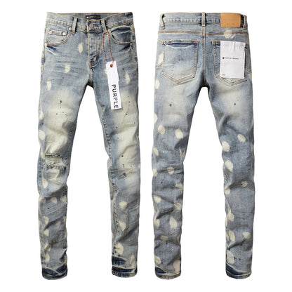 PURPLE Men Streetwear Jeans Distressed Light Blue Paint Dot Ripped skinny 9092