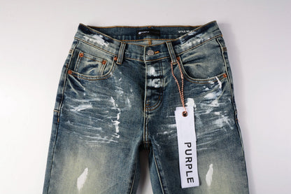 PURPLE Men Streetwear Skinny Jeans Light Blue Wash with White Paint Brush Strokes 9060