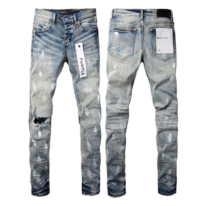 PURPLE Designer Women Purple High Street Purple Denim Black Long Mid Pants Hole for Men Purple Jeans 9043