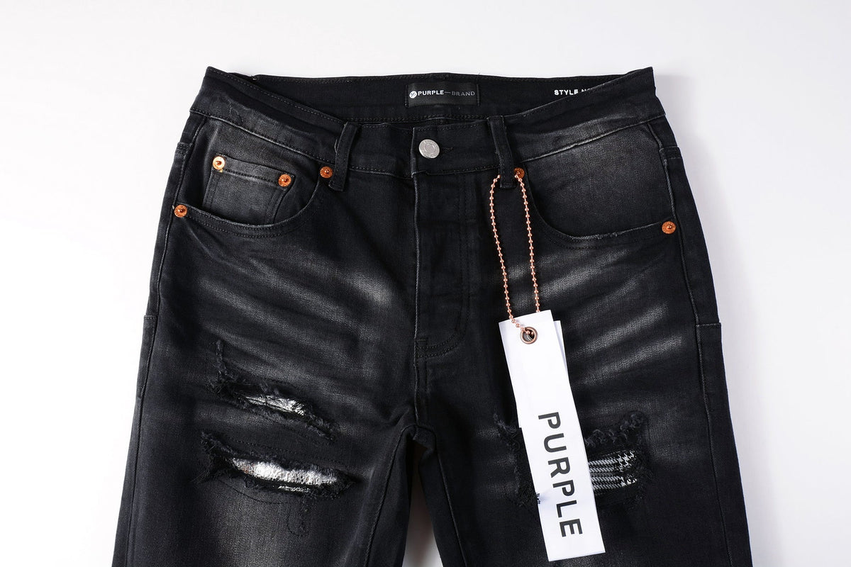 PURPLE Men Streetwear Skinny Jeans Black Wash with Distressed Rips, Checkered Patches and White Paint Splatter 9001