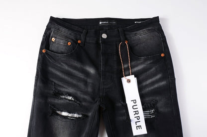 PURPLE Men Streetwear Skinny Jeans Black Wash with Distressed Rips, Checkered Patches and White Paint Splatter 9001