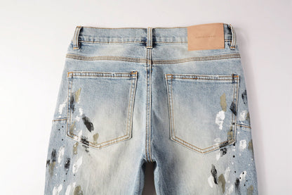 PURPLE Men Streetwear Jeans Light Blue Paint Splash Distressed Ripped skinny 9100