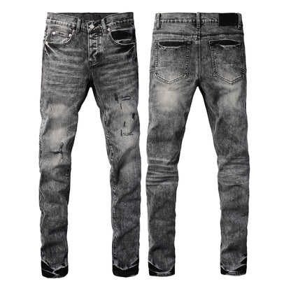 PURPLE Men Distressed Grey Washed skinny Jeans Ripped Scratch style 9105