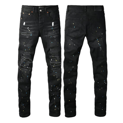 PURPLE Men Streetwear Skinny Jeans Black Wash with Distressed Details and Multi - Color Paint Splash 9121