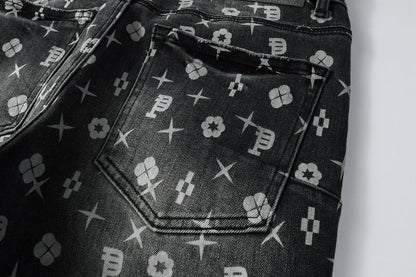 PURPLE Men Classic Street Skinny Jeans Dark Grey Monogram Print All Over Distressed Style 9112