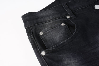 PURPLE Men Streetwear Jeans Distressed Black Paint Splash Patch Ripped skinny 9099