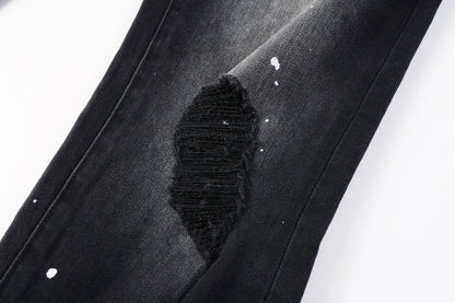 PURPLE Men Streetwear Jeans Distressed Black Paint Splash Patch Ripped skinny 9099