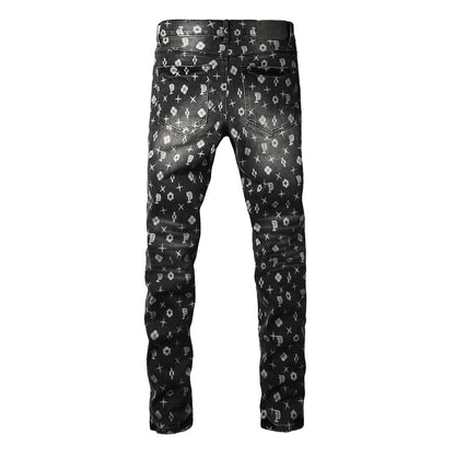 PURPLE Men Classic Street Skinny Jeans Dark Grey Monogram Print All Over Distressed Style 9112