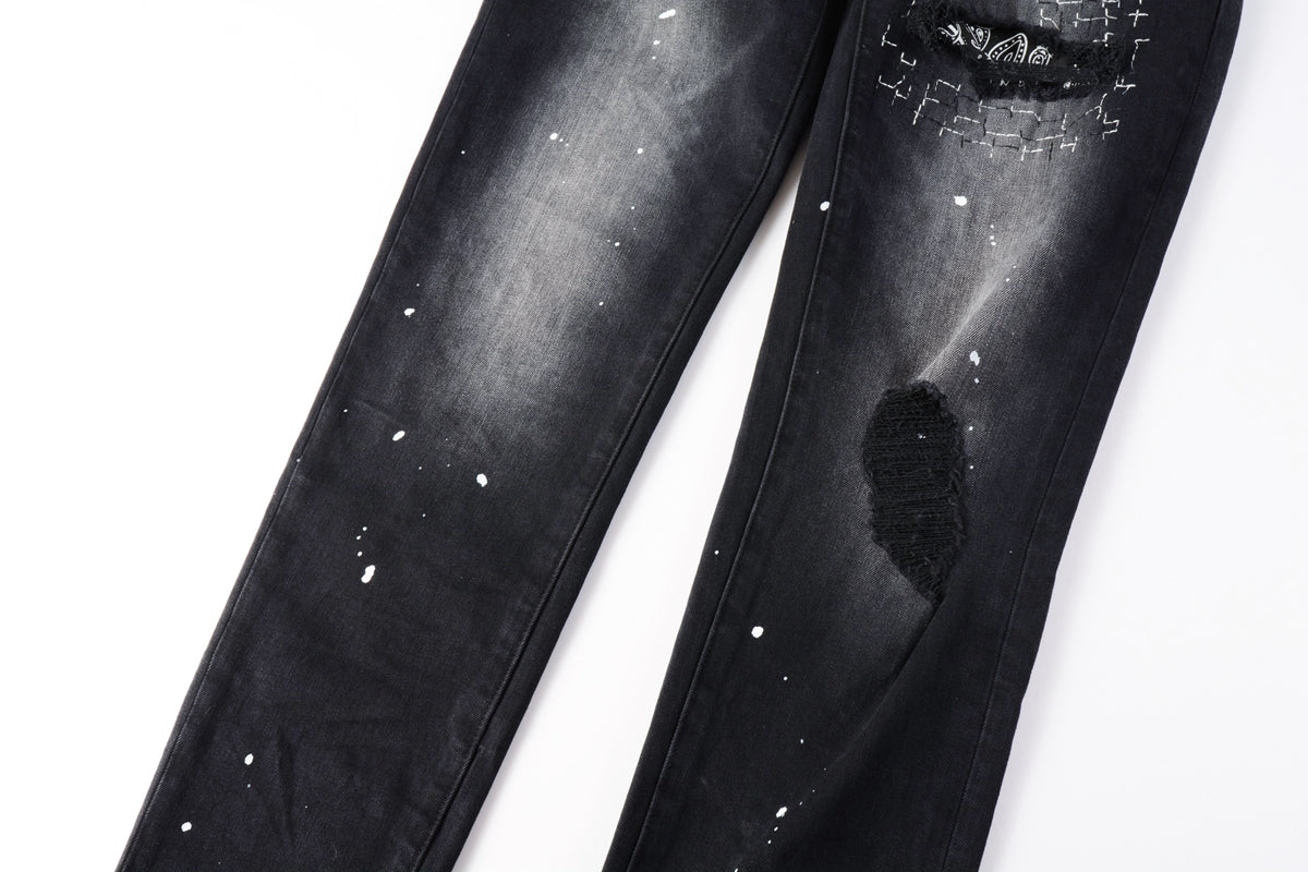 PURPLE Men Streetwear Jeans Distressed Black Paint Splash Patch Ripped skinny 9099