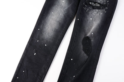 PURPLE Men Streetwear Jeans Distressed Black Paint Splash Patch Ripped skinny 9099