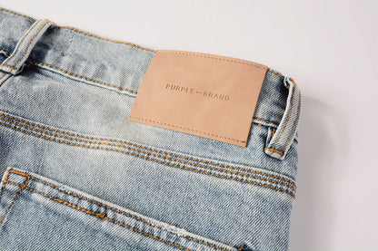 PURPLE Men Streetwear Jeans Light Blue Paint Splash Distressed Ripped skinny 9100