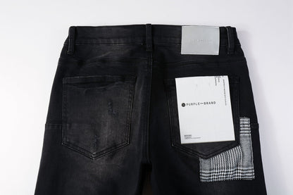 PURPLE Men Streetwear Skinny Jeans Black Wash with Distressed Rips, Checkered Patches and White Paint Splatter 9001