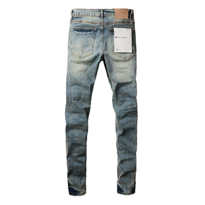 PURPLE Men Streetwear Skinny Jeans Light Blue Wash with Patchwork Distressed Details 9015