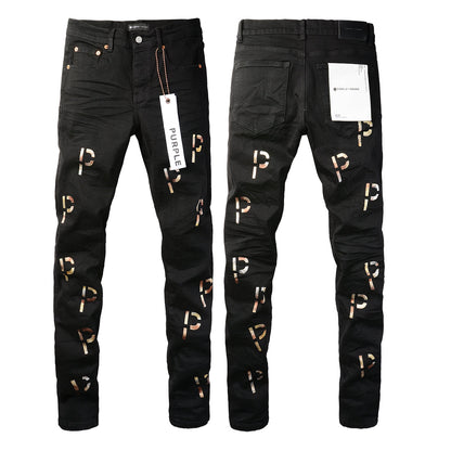 PURPLE Men Streetwear Skinny Jeans Black Wash with All-Over Metallic Gold "P" Print 9008