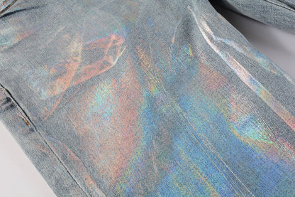 PURPLE Men Streetwear Skinny Jeans Light Blue Wash with Holographic Iridescent Finish 9005