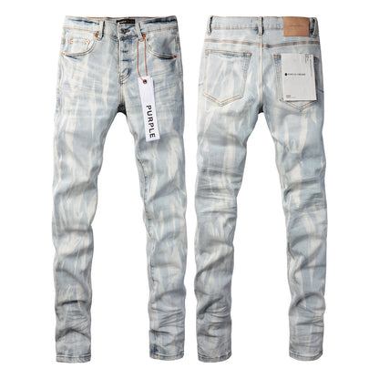 PURPLE Men Streetwear Skinny Jeans Light Blue Wash with White Brushstroke Texture 7017