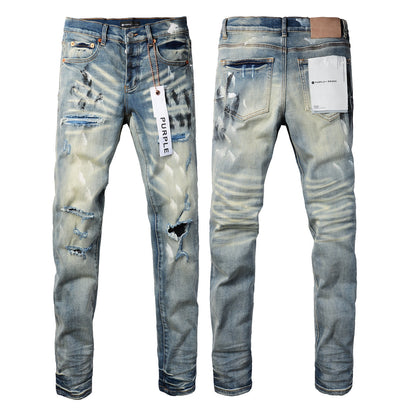 PURPLE Men Classic Streetwear Jeans DistressedBlue Paint Slash Skinny 9037