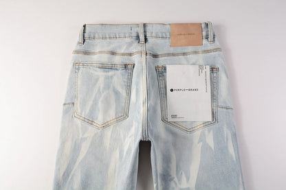 PURPLE Men Streetwear Skinny Jeans Light Blue Wash with White Brushstroke Texture 7017