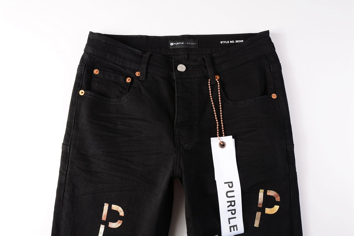 PURPLE Men Streetwear Skinny Jeans Black Wash with All-Over Metallic Gold "P" Print 9008