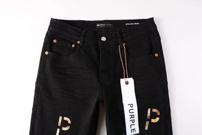 PURPLE Men Streetwear Skinny Jeans Black Wash with All-Over Metallic Gold "P" Print 9008
