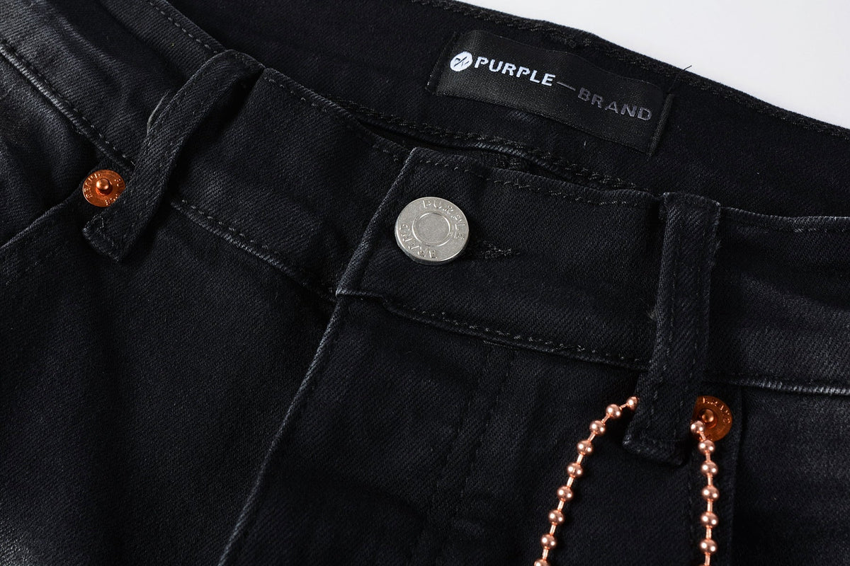 PURPLE Men Streetwear Skinny Jeans Black Wash with Distressed Rips, Checkered Patches and White Paint Splatter 9001