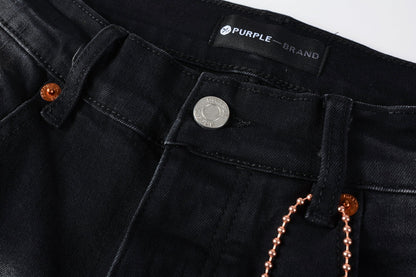 PURPLE Men Streetwear Skinny Jeans Black Wash with Distressed Rips, Checkered Patches and White Paint Splatter 9001