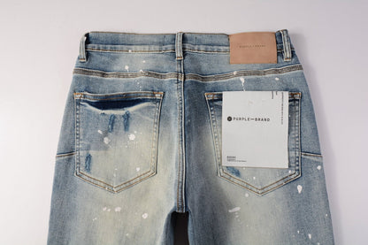 PURPLE Men Streetwear Skinny Jeans Light Blue Wash with Heavy Distressed Rips and White Paint Splatter 9003