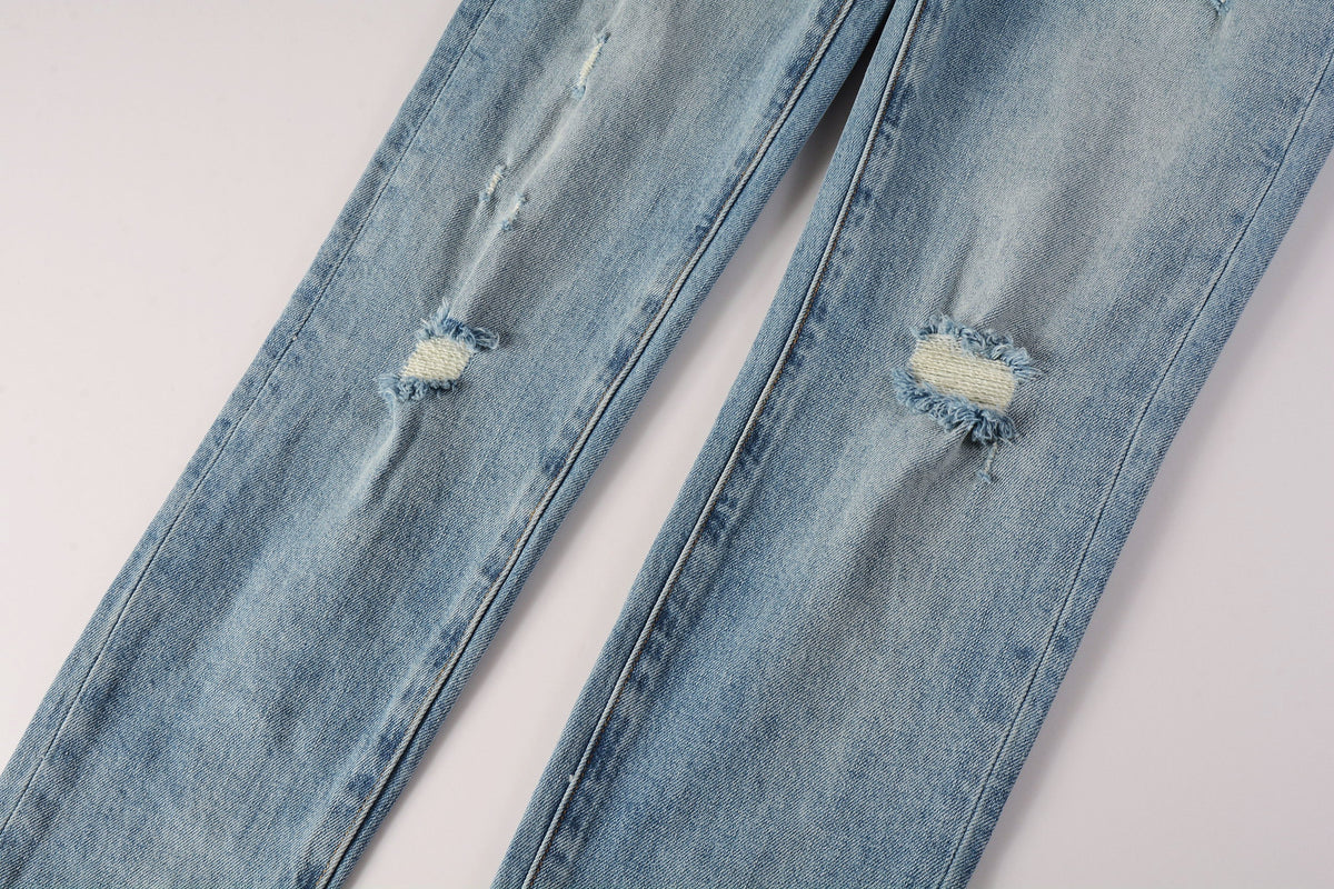PURPLE Men Streetwear Skinny Jeans Light Blue Wash with Subtle Distressed Ripped Details 9075