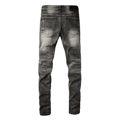 PURPLE Men Classic Streetwear Jeans Distressed Grey Ripped skinny Fit 9103