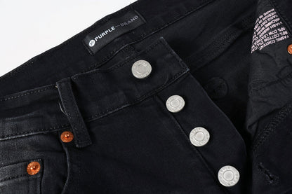 PURPLE Men Streetwear Skinny Jeans Black Wash with Distressed Rips, Checkered Patches and White Paint Splatter 9001