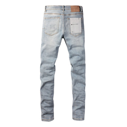 PURPLE Men Streetwear Skinny Jeans Light Blue Wash with Knee Ripped Details and Black Lining 9010