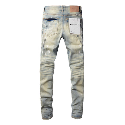 PURPLE Men Streetwear Skinny Jeans Light Blue Wash with White Paint Splatter and Distressed Rips 9007