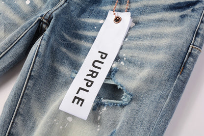 PURPLE Men Streetwear Skinny Jeans Light Blue Wash with Heavy Distressed Rips and White Paint Splatter 9003