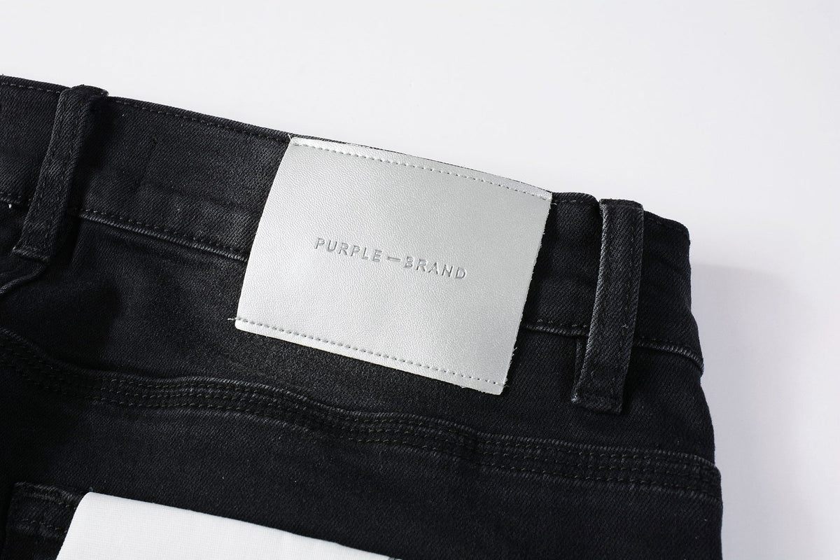 PURPLE Men Streetwear Skinny Jeans Black Wash with Distressed Rips, Checkered Patches and White Paint Splatter 9001