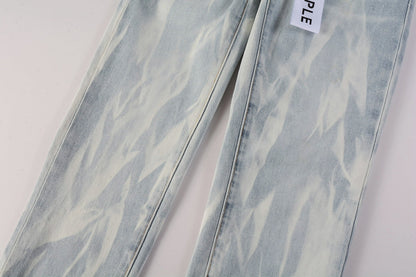 PURPLE Men Streetwear Skinny Jeans Light Blue Wash with White Brushstroke Texture 7017