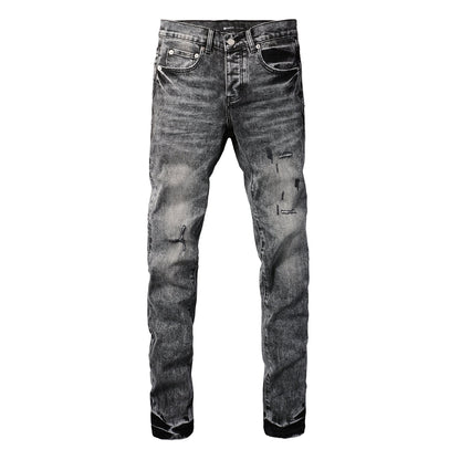 PURPLE Men Distressed Grey Washed skinny Jeans Ripped Scratch style 9105