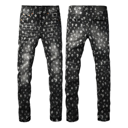 PURPLE Men Classic Street Skinny Jeans Dark Grey Monogram Print All Over Distressed Style 9112