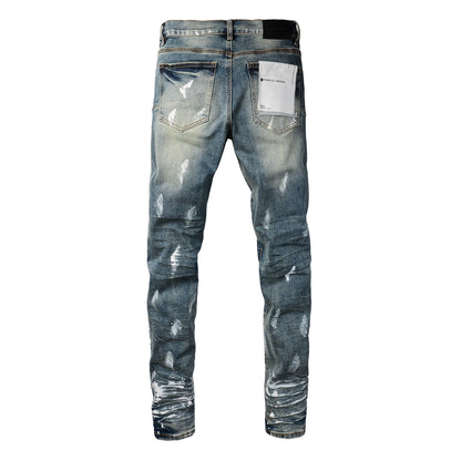 PURPLE Men Streetwear Skinny Jeans Light Blue Wash with White Paint Brush Strokes 9060