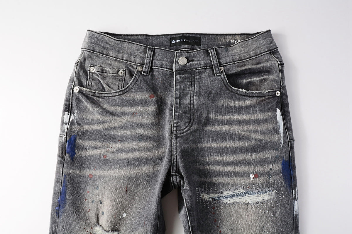 PURPLE Men Streetwear Distressed Grey Skinny Jeanswith Color Paint Splatter and Knee Rips 9107