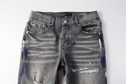 PURPLE Men Streetwear Distressed Grey Skinny Jeanswith Color Paint Splatter and Knee Rips 9107