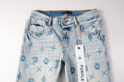 PURPLE Men Streetwear Skinny Jeans Light Blue Wash with White Paint Brush Strokes 9063