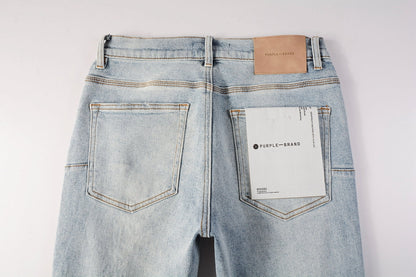 PURPLE Men Streetwear Skinny Jeans Light Blue Wash with Knee Ripped Details and Black Lining 9010